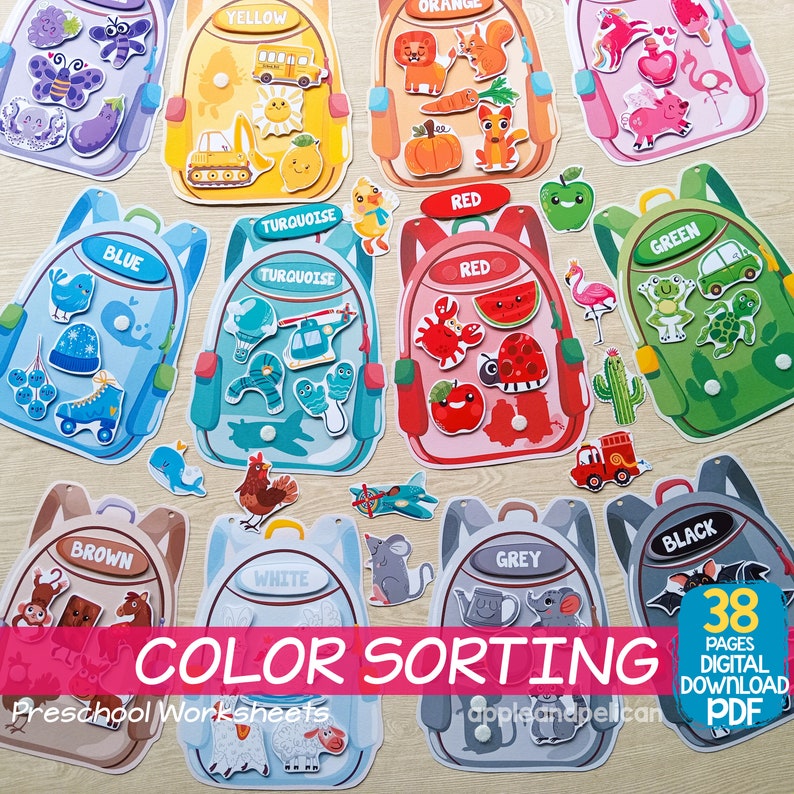 May include: Color sorting activity for preschoolers.  Eight colorful backpacks with different colored objects to sort.  The colors are yellow, turquoise, red, blue, green, brown, white, grey, and black.  The text on the page says "Color Sorting" and "Preschool Worksheets".