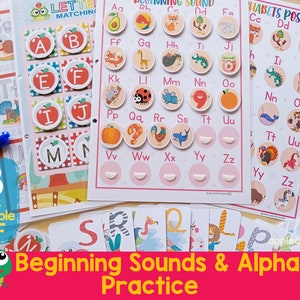 Carpeta de actividades para practicar sonidos iniciales, actividad de escritura del alfabeto, hoja de trabajo de fonética preescolar, emparejamiento de letras imprimible, tarjeta didáctica del alfabeto