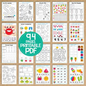 K&ouml;nnte beinhalten: Ein Satz von 94 druckbaren Arbeitsbl&auml;ttern zum Thema Sommer f&uuml;r Kinder. Die Arbeitsbl&auml;tter bieten eine Vielzahl von Aktivit&auml;ten, darunter das Nachzeichnen von Buchstaben, Z&auml;hlen, einfache Addition und Labyrinthe. Die Arbeitsbl&auml;tter sollen Kindern helfen, wichtige F&auml;higkeiten zu lernen und zu &uuml;ben, w&auml;hrend sie Spa&szlig; haben.