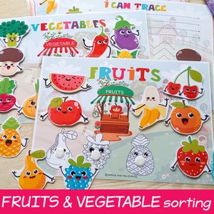 Activité de tri de fruits et de légumes, jeu d'associations à imprimer pour les enfants, feuille de calcul préscolaire, activités pour l'école à la maison, classeur d'apprentissage pour tout-petits