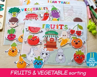Actividad de clasificación de frutas y verduras, juego de asociación imprimible para niños, hoja de trabajo para educación en casa preescolar, carpeta de aprendizaje para niños pequeños