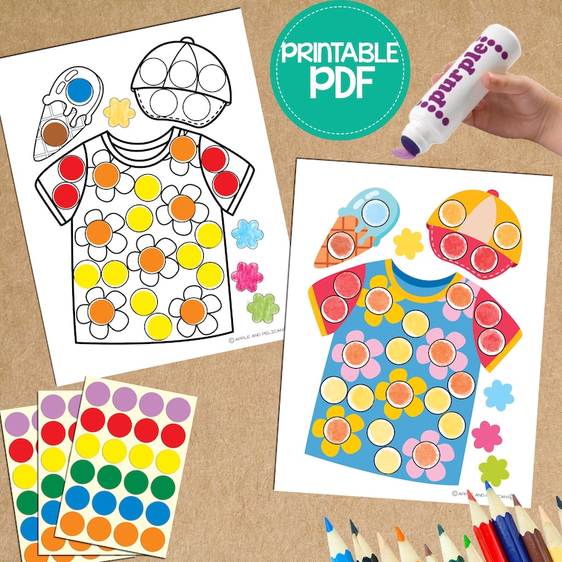 May include: Printable PDF activity for kids featuring a t-shirt, hat, and ice cream cone. The activity includes a black and white outline of the items and a coloured version. The items are decorated with colourful dots and flowers. The PDF also includes a sheet of colourful dot stickers.