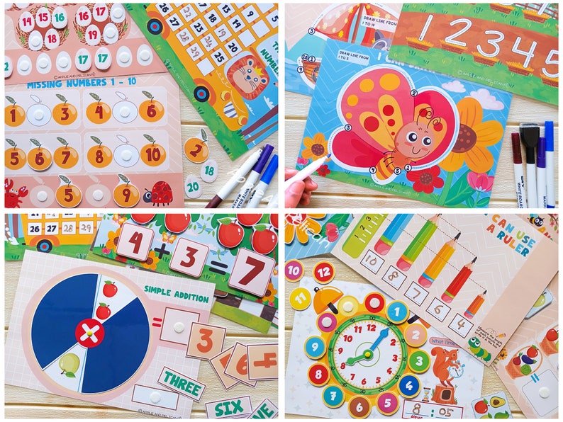 May include: A set of colorful educational activity cards for kids featuring various themes like counting, addition, telling time, and using a ruler. The cards have bright illustrations and include numbers, symbols, and instructions.