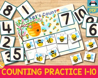 May include: A printable educational counting activity featuring a central sheet with a beehive, bees, and the text Let's Count. It includes square cards with numbers 1 through 10 and square cards with bee illustrations for matching practice.