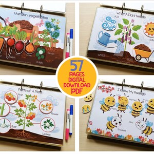 May include: Educational flip books with colorful illustrations. Topics include garden vegetables, plant needs, plant parts, and emotions. The text "57 PAGES DIGITAL DOWNLOAD PDF" is in the center. Markers are on the right side.
