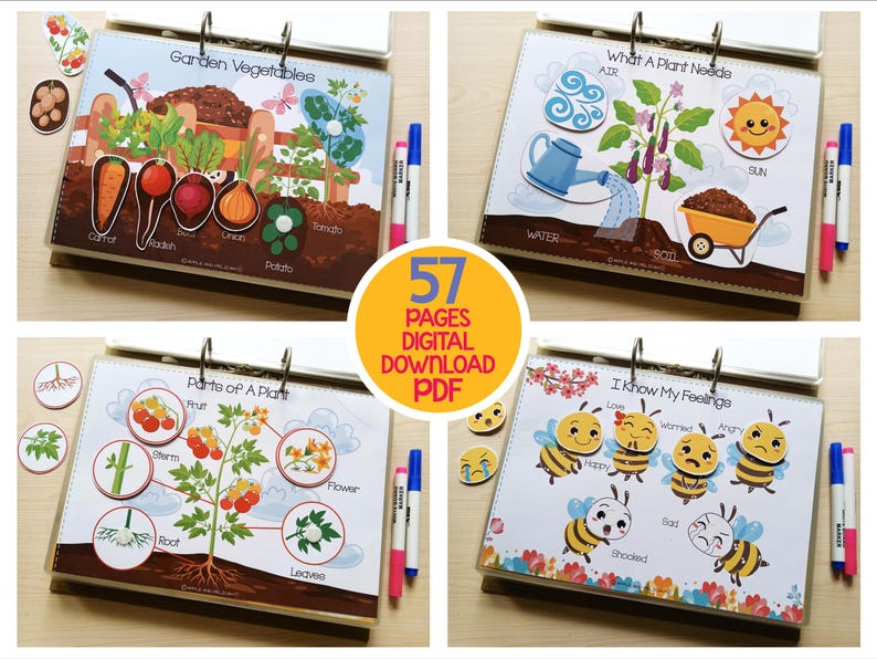May include: Educational flip books with colorful illustrations. Topics include garden vegetables, plant needs, plant parts, and emotions. The text "57 PAGES DIGITAL DOWNLOAD PDF" is in the center. Markers are on the right side.
