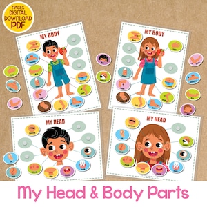 Juego de emparejar partes del cuerpo, partes del cuerpo imprimibles, páginas de actividades para niños pequeños, carpeta de aprendizaje, recursos Montessori para preescolar en casa