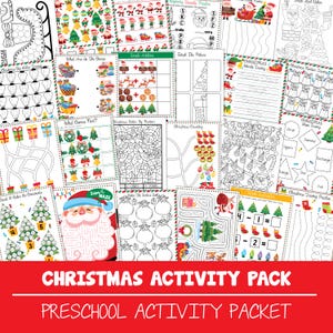 May include: A selection of Christmas activity sheets for pre-school children. The sheets feature mazes, colouring pages, tracing exercises, and basic maths problems. The title "CHRISTMAS ACTIVITY PACK" is displayed in red.
