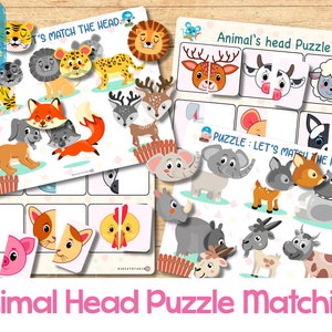 Animal Head Matching Puzzle Activity for Toddler Homeschool Printable Learning Binder Worksheet Busy Book Page Kids Early Learning Resource