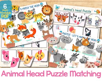 Animal Head Matching Puzzle Activity for Toddler Homeschool Printable Learning Binder Worksheet Busy Book Page Kids Early Learning Resource