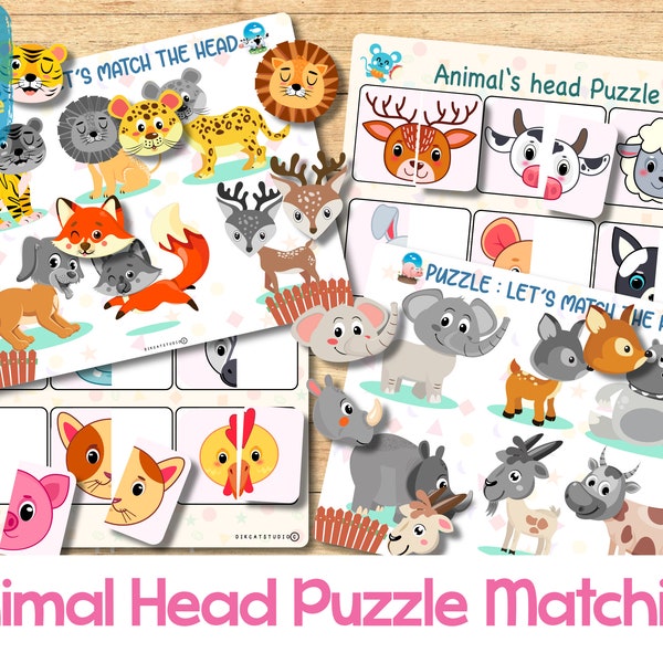 Animal Head Matching Puzzle Activity for Toddler Homeschool Printable Learning Binder Worksheet Busy Book Page Kids Early Learning Resource