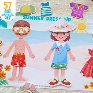 May include: A colorful "Summer Dress Up" activity set featuring paper dolls and clothing cutouts. The set includes a boy and girl figure, along with various summer outfits like swim trunks, dresses, and hats. The text "57 Pages Digital Download PDF" is visible.