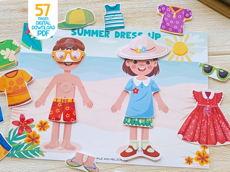May include: A colorful "Summer Dress Up" activity set featuring paper dolls and clothing cutouts. The set includes a boy and girl figure, along with various summer outfits like swim trunks, dresses, and hats. The text "57 Pages Digital Download PDF" is visible.