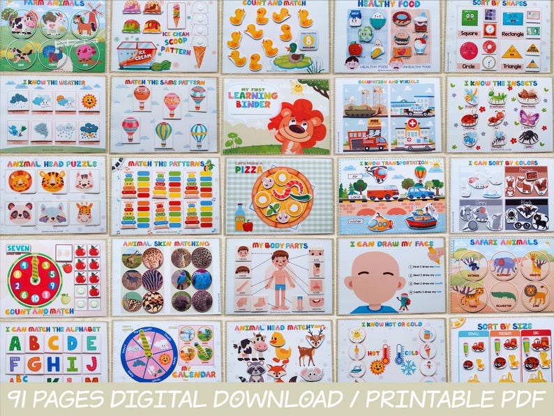 May include: A set of 91 printable educational activity pages for kids. The pages feature colorful illustrations and activities such as matching, counting, sorting, and drawing. The pages are designed to help children learn about animals, shapes, colors, and more.  91 PAGES DIGITAL DOWNLOAD / PRINTABLE PDF