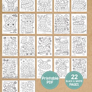 May include: A collection of 22 black and white printable PDF pages featuring winter-themed dot-to-dot activities. The pages include images of animals, winter clothing, and holiday items. The words "Printable PDF" and "22 Black & White Pages" are also visible.