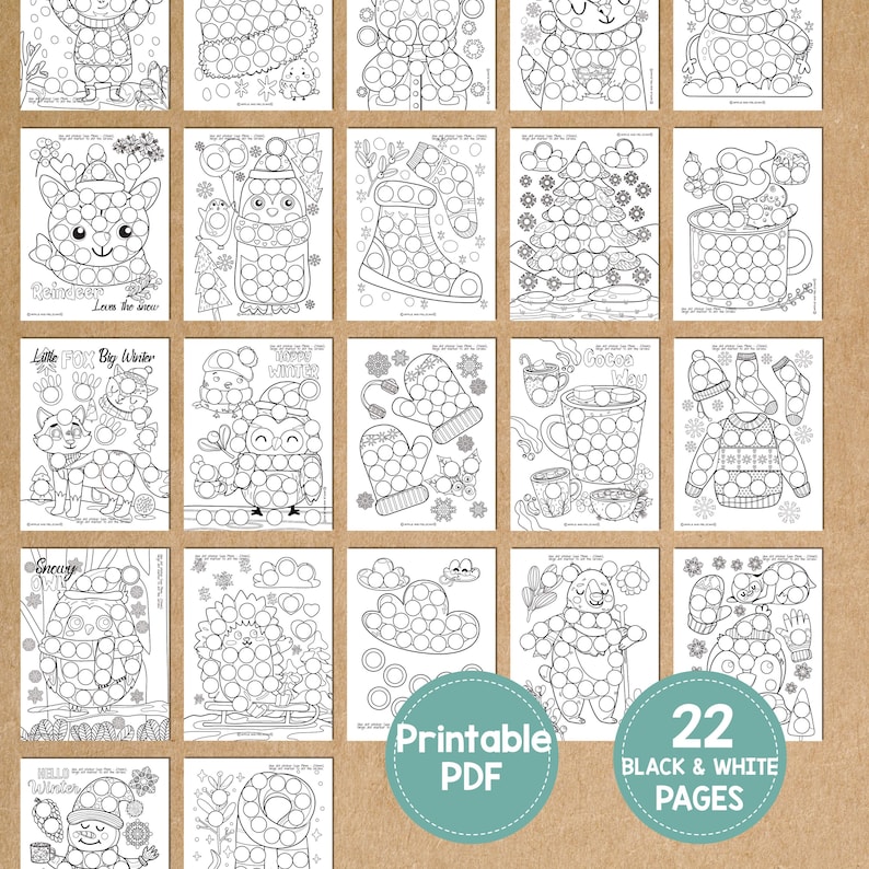 May include: A collection of 22 black and white printable PDF pages featuring winter-themed dot-to-dot activities. The pages include images of animals, winter clothing, and holiday items. The words "Printable PDF" and "22 Black & White Pages" are also visible.
