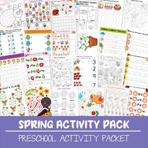 Paquete de actividades imprimibles de primavera para niños en edad preescolar, hojas de trabajo para educación en casa en jardín de infantes, colorear, alfabeto, unir puntos, laberinto