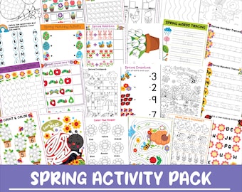 May include: A collection of printable spring-themed preschool activity pages. The pages include tracing, counting, matching, and coloring activities. The pack features images of flowers, ladybugs, and other spring elements. The text "SPRING ACTIVITY PACK" and "PRESCHOOL ACTIVITY PACKET" are visible.