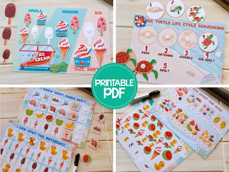May include: Educational printable PDF activity set featuring ice cream size sorting, sea turtle life cycle sequencing, and other matching games. Includes colorful illustrations of ice cream cones, turtles, and other objects for learning.