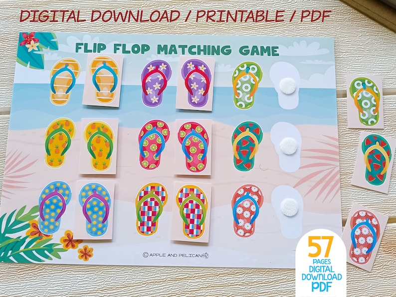 May include: A colorful flip-flop matching game with various designs, including floral, fruit, and patterned styles. The game board features the text "FLIP FLOP MATCHING GAME" and includes matching flip-flop cards. The image also displays the text "DIGITAL DOWNLOAD / PRINTABLE / PDF".