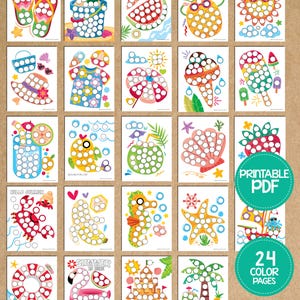 May include: A set of 24 printable summer-themed dot-to-dot colouring pages. Each page features a different summer image, such as a watermelon, a beach umbrella, a seashell, and a crab. The pages are designed for children to practise their fine motor skills and counting.