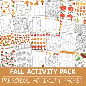 May include: A collection of fall-themed preschool activity sheets. The sheets include tracing, counting, coloring, and matching exercises. The text "FALL ACTIVITY PACK" and "PRESCHOOL ACTIVITY PACKET" are displayed in large, bold letters.