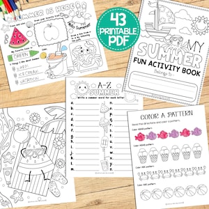 May include: A printable summer activity book with 43 pages. The cover features a black and white illustration of a boat with a crab on the deck. The title of the book is "My Summer Fun Activity Book".