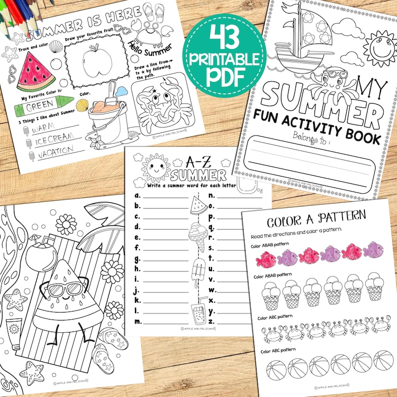 May include: A printable summer activity book with 43 pages. The cover features a black and white illustration of a boat with a crab on the deck. The title of the book is "My Summer Fun Activity Book".