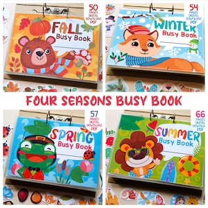 May include: Four colorful busy books, each representing a season: Fall, Winter, Spring, and Summer. The Fall book features a bear, the Winter book a fox, the Spring book a frog, and the Summer book a lion. Each book has a different number of pages.