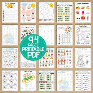 K&ouml;nnte beinhalten: Ein Satz von 94 druckbaren PDF-Seiten mit sommerlichen Lernaktivit&auml;ten f&uuml;r Kinder. Die Seiten bieten Aktivit&auml;ten wie das Nachzeichnen von Buchstaben, Z&auml;hlen, einfache Addition und Subtraktion sowie Ausmalen.