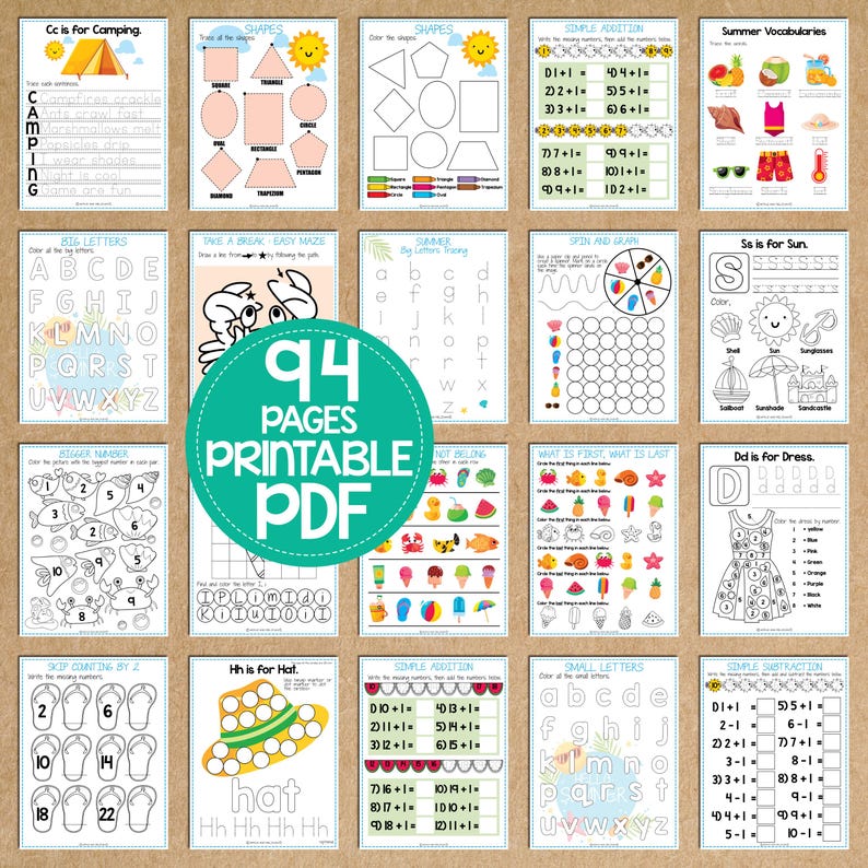 K&ouml;nnte beinhalten: Ein Satz von 94 druckbaren PDF-Seiten mit sommerlichen Lernaktivit&auml;ten f&uuml;r Kinder. Die Seiten bieten Aktivit&auml;ten wie das Nachzeichnen von Buchstaben, Z&auml;hlen, einfache Addition und Subtraktion sowie Ausmalen.