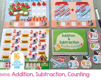Kleinkind Mathe Arbeitsblatt, druckbare Vorschule Zugabe Aktivität, zählen lernen, Subtraktionsübungen, Pre-K, Lernen zu Hause