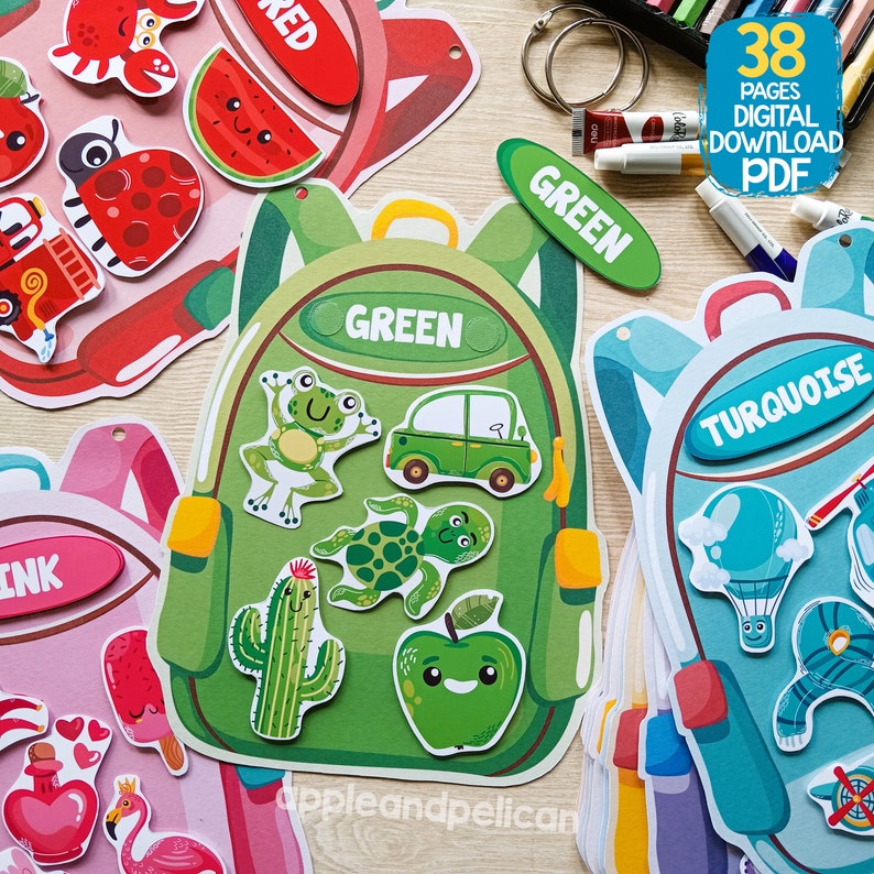 May include: A set of 38 printable pages for kids to learn colors. Each page features a backpack with a different color and various objects in that color. The colors include red, green, turquoise, and pink.