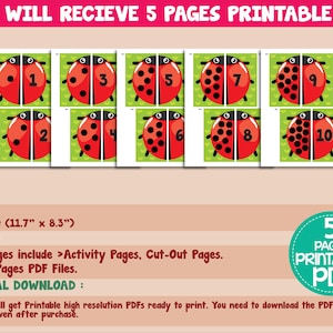 K&ouml;nnte beinhalten: Druckbare Marienk&auml;fer-Z&auml;hl-Aktivit&auml;t f&uuml;r Kinder.  F&uuml;nf Seiten druckbarer PDF-Dateien beinhalten Aktivit&auml;tsseiten und Ausschneideb&ouml;gen.  Die Seiten haben das Format A4, das sind 29,7 cm mal 21 cm.