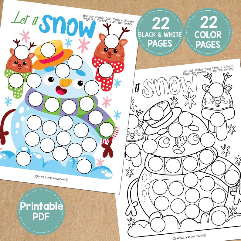 May include: Two printable PDF pages with winter-themed dot marker activities. One page is in color, featuring a snowman and reindeer, with the text "Let it Snow." The other page is a black and white outline of the same design.