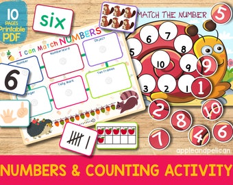 Printable Numbers 1-10 Matching Activity, Counting Activity Worksheets, Preschool Montessori Math Busy Book Page, Toddler Busy Binder