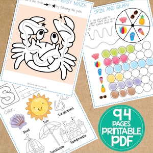 K&ouml;nnte beinhalten: Ein Satz von 94 druckbaren PDF-Seiten mit sommerlichen Aktivit&auml;ten f&uuml;r Kinder. Die Seiten beinhalten ein Labyrinth, eine Dreh- und Grafikaktivit&auml;t sowie Malvorlagen mit einem Krebs, einer Sonne, einer Muschel, einer Sonnenbrille, einem Sonnenschirm und einer Sandburg.