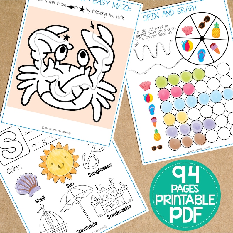 K&ouml;nnte beinhalten: Ein Satz von 94 druckbaren PDF-Seiten mit sommerlichen Aktivit&auml;ten f&uuml;r Kinder. Die Seiten beinhalten ein Labyrinth, eine Dreh- und Grafikaktivit&auml;t sowie Malvorlagen mit einem Krebs, einer Sonne, einer Muschel, einer Sonnenbrille, einem Sonnenschirm und einer Sandburg.