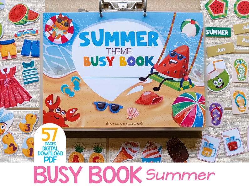 May include: A colorful "Summer Theme Busy Book" with illustrations of beach scenes, watermelon characters, and summer-themed accessories. Includes the text "57 Pages Digital Download PDF". The book is designed for interactive play and learning.