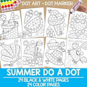 May include: A set of 24 black and white and 24 color printable summer themed dot-to-dot activity pages. The pages feature images of a seashell, a boat, a watermelon, an ice cream cone, a sun, a beach bag, a hat, and a crab.