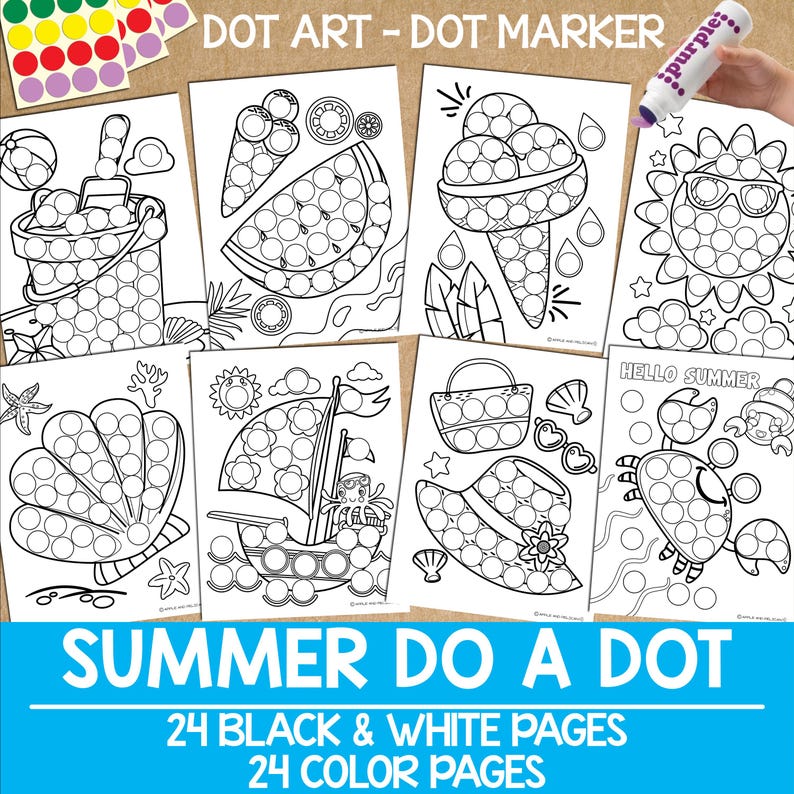 May include: A set of 24 black and white and 24 colour printable summer themed dot-to-dot activity pages. The pages feature images of a seashell, a boat, a watermelon, an ice cream cone, a sun, a beach bag, a hat, and a crab.