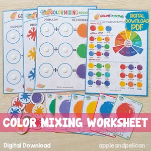 Hoja de trabajo de mezcla de colores, colores primarios y secundarios, actividad imprimible de colores para preescolar, trazo de palabras de colores de ecuación de color, carpeta de actividades de colores