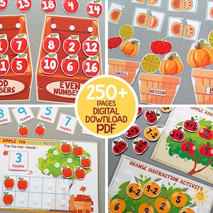 May include: A set of printable educational worksheets for kids featuring apple and orange themes. The worksheets include activities like counting, addition, subtraction, and ten frames. The worksheets are colorful and engaging, with illustrations of apples, oranges, and baskets.