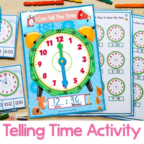 Learn To Tell Time Printable Educational Clock, Kids Printable Clock, Homeschool Activity, Preschool Kindergarten Learning Activity