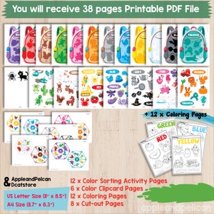 May include: A printable PDF file with 38 pages of educational activities for children. The pages include color sorting, clip cards, coloring pages, and cut-out pages. The activities feature a variety of colorful images, including animals, vehicles, and objects. The file is designed for children ages 3-5.