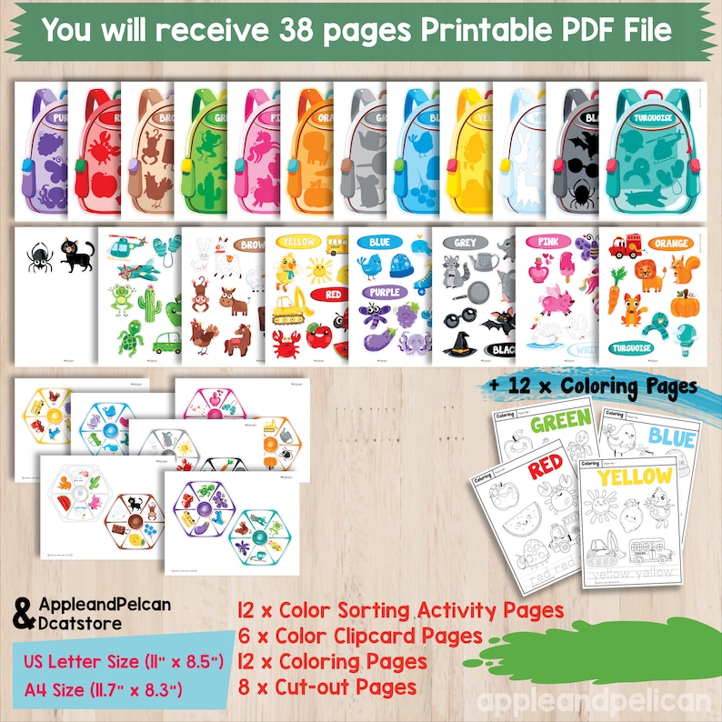 May include: A printable PDF file with 38 pages of educational activities for children. The pages include color sorting, clip cards, coloring pages, and cut-out pages. The activities feature a variety of colorful images, including animals, vehicles, and objects. The file is designed for children ages 3-5.