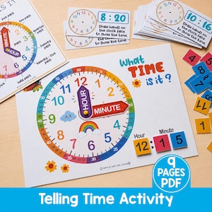 May include: A printable educational telling time activity set featuring a large clock face with movable hour and minute hands, colorful numbers, a rainbow, and clouds. Includes smaller task cards with clock faces and number tiles for practice.