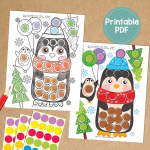 May include: Two printable PDF pages featuring penguin-themed dot marker activities. The penguins are wearing hats and scarves, surrounded by trees and snowflakes. Colorful dot stickers are included. The text "Printable PDF" is in a circle.