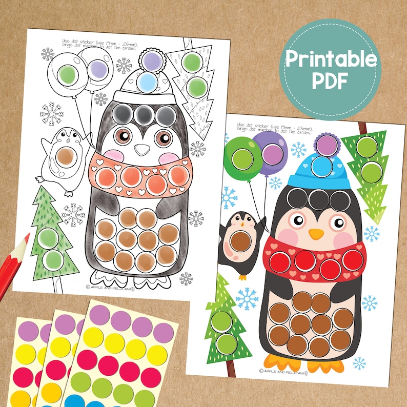 May include: Two printable PDF pages featuring penguin-themed dot marker activities. The penguins are wearing hats and scarves, surrounded by trees and snowflakes. Colorful dot stickers are included. The text "Printable PDF" is in a circle.