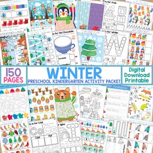 Può includere: Una raccolta di 150 pagine di schede di attività a tema invernale per bambini in età prescolare e dell'asilo. Il pacchetto stampabile include labirinti, esercizi di conteggio, pagine da colorare e lezioni di vocabolario. Il titolo "WINTER PRESCHOOL KINDERGARTEN ACTIVITY PACKET" è in blu.